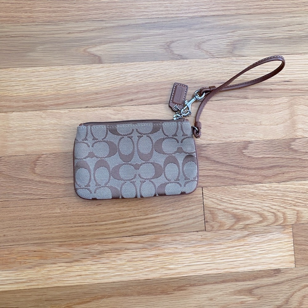 Coach brown fabric monogram wristlet